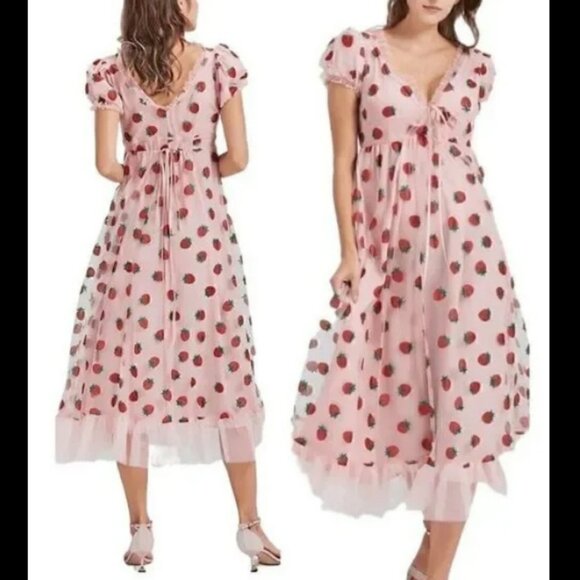 NWT Pink Strawberry Glitter Tulle Dress Sz S - Picture 1 of 15